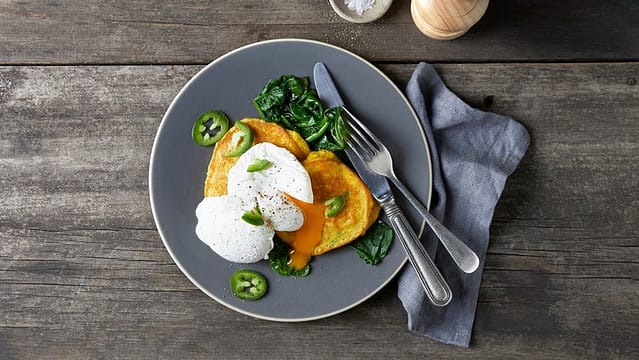 120.Corn & Jalapeeno Fritters With Poached Eggs